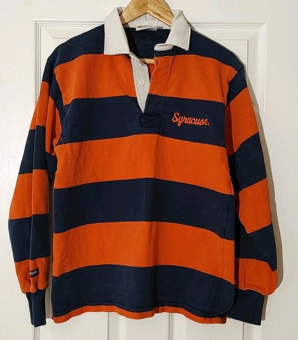 Men's Vintage Barbarian Rugby Shirt Orange Striped Syracuse NCAA 90s Cotton - S